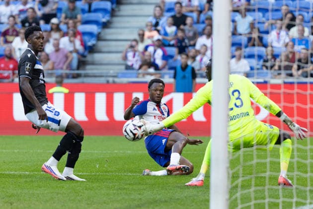 Christ Melik Makosso and Zachary Christopher Athekame seen during Ligue 1 26 27 game between teams of Olympique Lyon and AJ Auxerre at Groupama Stadium (Benjamin Faes Ball Raw Images) Lyon Groupama Stadium France Copyright: xBenjaminxFaesx 0W4A1597
