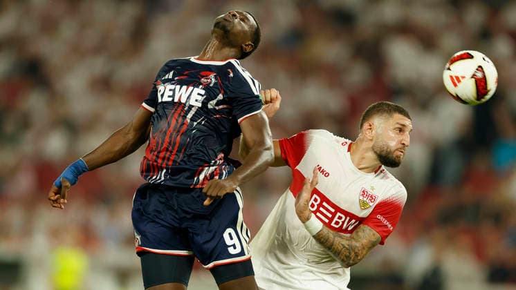 v.l.n.r.: Ragnar Ache (1. FC Köln) und Jeff Chabot (VfB Stuttgart), im Bundesliga-Spiel zwischen dem VfB Stuttgart und dem 1. FC Köln in der MHP Arena, Stuttgart, Deutschland, am 4. September 2026. in action during the Bundesliga match between VfB Stuttgart and 1. FC Köln at the MHP Arena, Stuttgart, Germany, on September 4, 2026. DFB DFL REGULATIONS PROHIBIT ANY USE OF PHOTOGRAPHS AS IMAGE SEQUENCES AND OR QUASI-VIDEO, *** From left to right: Ragnar Ache of 1. FC Köln and Jeff Chabot of VfB Stuttgart, in the Bundesliga match between VfB Stuttgart and 1. FC Köln at the MHP Arena, Stuttgart, Germany, on September 4, 2026, in action during the Bundesliga match between VfB Stuttgart and 1 FC Köln at the MHP Arena, Stuttgart, Germany, on September 4, 2026. DFB and DFL regulations prohibit any use of photographs as image sequences and or quasi-video, Copyright: HMBxMedia xHeikoxBecker
