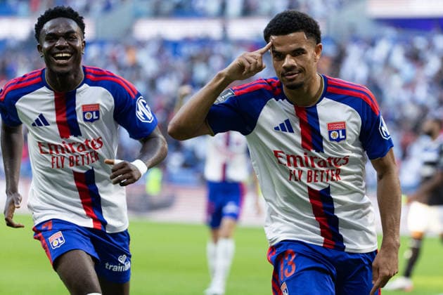Ernest Nuamah Appiah and Zachary Christopher Athekame seen during Ligue 1 26 27 game between teams of Olympique Lyon and AJ Auxerre at Groupama Stadium (Benjamin Faes Ball Raw Images) Lyon Groupama Stadium France Copyright: xBenjaminxFaesx 0W4A2956