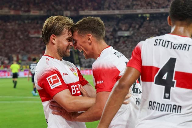 Torjubel VfB Stuttgart beim 2:0 durch Grischa Prömel, Promel (VfB Stuttgart, 21), mit Maximilian Mittelstädt, Mittelstadt (VfB Stuttgart, 07) , Deutschland, Fussball, 1. Bundesliga, 2.Spieltag, 2026 2027, VfB Stuttgart vs. 1.FC Köln, 04.09.2026, Stuttgart MHP Arena Deutschland *** VfB Stuttgart celebrates Grischa Prömel s goal (2-0); Prömel (VfB Stuttgart, 21) with Maximilian Mittelstädt (VfB Stuttgart, 07), Germany, soccer, Bundesliga 1, Matchday 2, 2026–2027, VfB Stuttgart vs. 1. FC Köln, September 4, 2026, Stuttgart MHP Arena, Germany Copyright: xGrantxHubbsx
