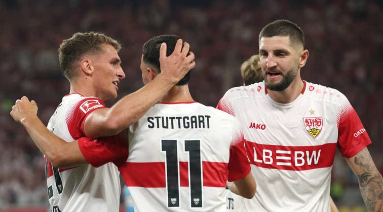 2026.09.04, Deutschland, Stuttgart Fußball VfB Stuttgart vs. 1. FC Köln, v.l. Torschütze Grischa Prömel (VfB), Bilai El Khannouss (VfB) und Jeff Chabot (VfB) jubeln über das Tor zum 2:0 Gemäß den Vorgaben der DFL Deutsche Fußball Liga ist es untersagt, in dem Stadion und oder vom Spiel angefertigte Fotoaufnahmen in Form von Sequenzbildern und oder videoähnlichen Fotostrecken zu verwerten bzw. verwerten zu lassen. DFL, DFB regulations prohibit any use of photographs as image sequences and or quasi-video. *** September 4, 2026, Germany, Stuttgart: Soccer match between VfB Stuttgart and 1. FC Köln; from left: goal scorer Grischa Prömel (VfB), Bilai El Khannouss (VfB), and Jeff Chabot (VfB) celebrate the goal that made the score 2–0. In accordance with the regulations of the DFL (German Soccer League), it is prohibited to use or allow the use of photographs taken in the stadium and or during the match in the form of image sequences and or video-like photo series. DFL and DFB regulations prohibit any use of photographs as image sequences and or quasi-video