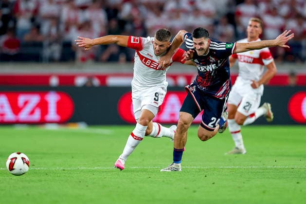 04.09.2026, Fußball, VfB Stuttgart - 1. FC Köln, 1. Fußball Bundesliga, 2. Spieltag, MHP-Arena, Saison 2026 2027: Ermedin Demirovic (VfB Stuttgart 09) im Zweikampf gegen Luka Lochoshvili (1FC Koeln 24) DFB regulations prohibit any use of photographs as image sequences and or quasi-video. Baden-Württemberg Deutschland *** September 4, 2026, Soccer, VfB Stuttgart vs. 1. FC Köln, Bundesliga 1, Matchday 2, MHP Arena, 2026–2027 Season: Ermedin Demirovic (VfB Stuttgart 09) in a duel against Luka Lochoshvili (1. FC Köln 24). DFB regulations prohibit any use of photographs as image sequences and or quasi-video. Baden-Württemberg, Germany