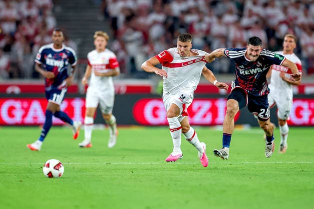 04.09.2026, Fußball, VfB Stuttgart - 1. FC Köln, 1. Fußball Bundesliga, 2. Spieltag, MHP-Arena, Saison 2026 2027: Ermedin Demirovic (VfB Stuttgart 09) im Zweikampf gegen Luka Lochoshvili (1FC Koeln 24) DFB regulations prohibit any use of photographs as image sequences and or quasi-video. Baden-Württemberg Deutschland *** September 4, 2026, Soccer, VfB Stuttgart vs. 1. FC Köln, Bundesliga 1, Matchday 2, MHP Arena, 2026–2027 Season: Ermedin Demirovic (VfB Stuttgart 09) in a duel against Luka Lochoshvili (1. FC Köln 24). DFB regulations prohibit any use of photographs as image sequences and or quasi-video. Baden-Württemberg, Germany
