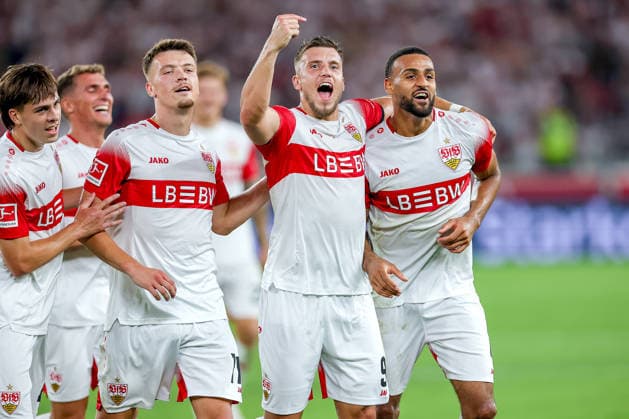 04.09.2026, Fußball, VfB Stuttgart - 1. FC Köln, 1. Fußball Bundesliga, 2. Spieltag, MHP-Arena, Saison 2026 2027: Torjubel nach dem Tor zum 4:1 durch Torschütze Josha Vagnoman (VfB Stuttgart 04) zusammen mit Ermedin Demirovic (VfB Stuttgart 09) DFB regulations prohibit any use of photographs as image sequences and or quasi-video. Baden-Württemberg Deutschland *** September 4, 2026, Soccer, VfB Stuttgart vs. 1. FC Köln, Bundesliga 1, Matchday 2, MHP Arena, 2026–2027 season: Goal celebration after the 4–1 goal by scorer Josha Vagnoman (VfB Stuttgart 04) together with Ermedin Demirovic (VfB Stuttgart 09). DFB regulations prohibit any use of photographs as image sequences and or quasi-video. Baden-Württemberg, Germany
