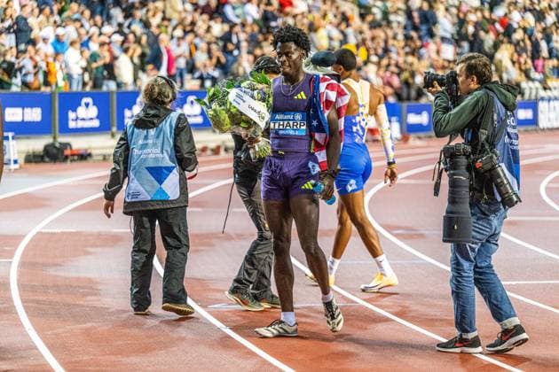 United States s Ja Kobe Tharp celebrates after he won the 110m hurdles race during the 50th edition of the Memorial Van Damme Diamond League athletics event in Brussels, Friday 4 September 2026. EMILExWINDAL  x185265797x