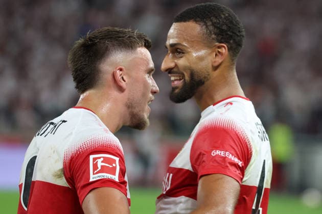 04.09.2026, xrekx, Fussball 1.Bundesliga, VfB Stuttgart - 1.FC Köln v.l. Torjubel nach dem Tor zum celebrating the goal celebrate 4:1 durch Josha Vagnoman (VfB Stuttgart) mit Ermedin Demirovic (VfB Stuttgart) (DFL DFB REGULATIONS PROHIBIT ANY USE OF PHOTOGRAPHS as IMAGE SEQUENCES and or QUASI-VIDEO) Stuttgart *** September 4, 2026, xrekx, Soccer, Bundesliga 1, VfB Stuttgart 1 FC Köln v l Goal celebration after the 4-1 goal by Josha Vagnoman for VfB Stuttgart with Ermedin Demirovic VfB Stuttgart DFL DFB REGULATIONS PROHIBIT ANY USE OF PHOTOGRAPHS as IMAGE SEQUENCES and or QUASI-VIDEO Stuttgart