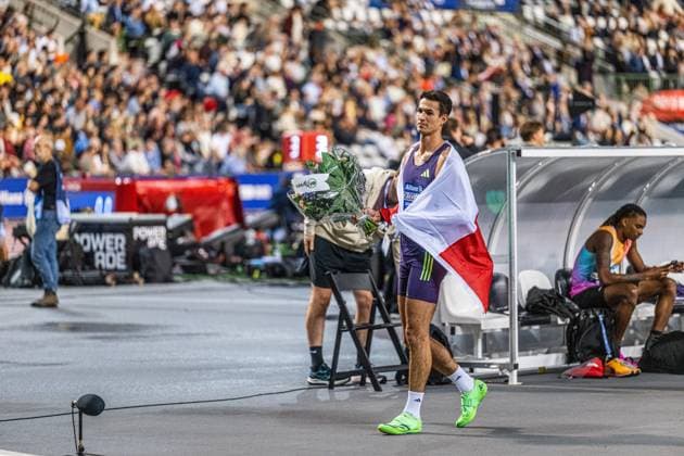 Poland s Mateusz KoÅ‚odziejski celebrates after winning the 50th edition of the Memorial Van Damme Diamond League athletics event in Brussels, Friday 4 September 2026. EMILExWINDAL  x185265922x