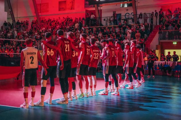 GER, Volleyball, European Championship Dress Rehearsal, Exhibition Match, Germany vs. the Netherlands, 04 09 26 German National Anthem Photo by HMB Media, Etienne Schlick Copyright: HMBxMedia EtiennexSchlick