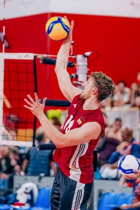GER, Volleyball, European Championship Dress Rehearsal, Friendly Match, Germany vs. Netherlands, September 4, 2026. Focus on the warm-up. Florian Krage Brewitz, 18, Germany. Photo: HMB Media, Etienne Schlick Copyright: HMBxMedia EtiennexSchlick