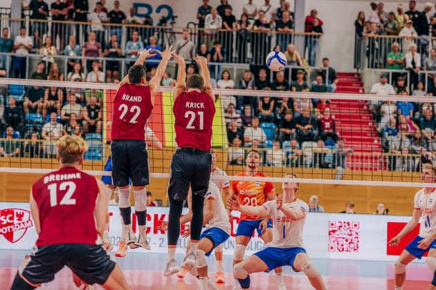 GER, Volleyball, European Championship Dress Rehearsal, Friendly Match, Germany vs. Netherlands, September 4, 2026. Block by Tobias Brand (22, Germany) and Tobias Krick (21, Germany). Photo by HMB Media, Etienne Schlick Copyright: HMBxMedia EtiennexSchlick