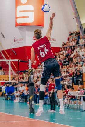 GER, Volleyball, European Championship Dress Rehearsal, Friendly Match, Germany vs. the Netherlands, September 4, 2026—Erik Röhrs serves, 66, Germany. Photo: HMB Media, Etienne Schlick Copyright: HMBxMedia EtiennexSchlick