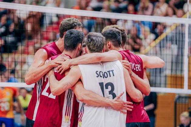 GER, Volleyball, European Championship Dress Rehearsal, Friendly Match, Germany vs. Netherlands, September 4, 2026 Team photo: Tobias Brand, 22, Germany; Tobias Krick, 21, Germany; Ruben Schott, 13, Germany. Photo: HMB Media, Etienne Schlick Copyright: HMBxMedia EtiennexSchlick