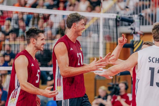 GER, Volleyball, European Championship warm-up match, friendly, Germany vs. Netherlands, September 4, 2026. Team lineup: Moritz Reichert 5, Germany; Tobias Krick 21, Germany; Ruben Schott 13, Germany. Photo: HMB Media, Etienne Schlick Copyright: HMBxMedia EtiennexSchlick