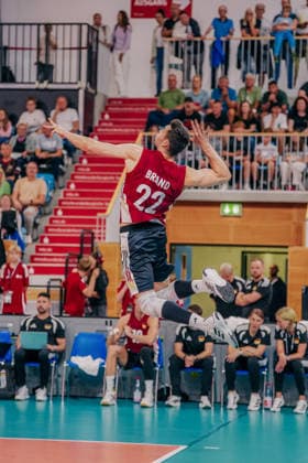 GER, Volleyball, European Championship Dress Rehearsal, Exhibition Match, Germany vs. Netherlands, September 4, 2026. Serve by Tobias Brand, 22, Germany. Photo: HMB Media, Etienne Schlick Copyright: HMBxMedia EtiennexSchlick