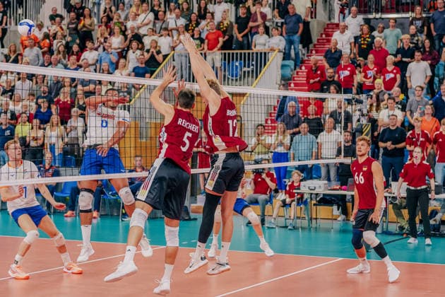 GER, Volleyball, European Championship Dress Rehearsal, Friendly Match, Germany vs. Netherlands, September 4, 2026. Block by Moritz Reichert (5, Germany) and Anton Brehme (12, Germany). Photo: HMB Media, Etienne Schlick Copyright: HMBxMedia EtiennexSchlick