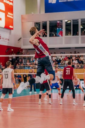 GER, Volleyball, European Championship Dress Rehearsal, Friendly Match, Germany vs. the Netherlands, September 4, 2026, Attack by Erik Röhrs 66, Germany, Photo by HMB Media, Etienne Schlick Copyright: HMBxMedia EtiennexSchlick