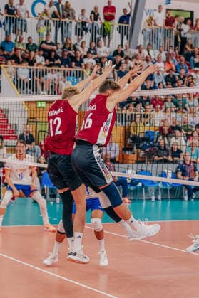 GER, Volleyball, European Championship dress rehearsal, exhibition match, Germany vs. the Netherlands, September 4, 2026. Block by Anton Brehme (12, Germany) and Erik Röhrs (66, Germany). Photo: HMB Media, Etienne Schlick Copyright: HMBxMedia EtiennexSchlick