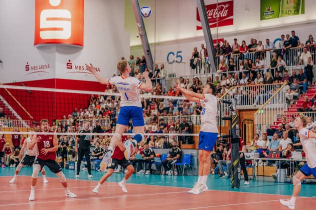 GER, Volleyball, European Championship Warm-up Match, Friendly, Germany vs. Netherlands, 09 04 26, Attack by Siebe Korenblek 1, Netherlands, Photo by HMB Media, Etienne Schlick Copyright: HMBxMedia EtiennexSchlick