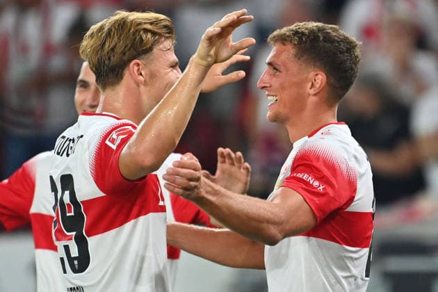 Torjubel Grischa PROEMEL (VFB Stuttgart,re) nach Tor zum 2-0 mit Finn JELTSCH (VFB Stuttgart), Jubel,Freude,Begeisterung,Aktion. Fussball 1. Bundesliga Saison 2026 2027, 2.Spieltag, Spieltag02, VfB Stuttgart - 1.FC Koeln 4-1 am 04.09.2026 , MHP ARENA *** Goal celebration by Grischa PROEMEL of VFB Stuttgart, following the goal that made it 2–0, with Finn JELTSCH of VFB Stuttgart; celebration, joy, excitement, action—soccer, Bundesliga Season 2026–2027, Matchday 2, Matchday 02, VfB Stuttgart 1–4 FC Cologne on September 4, 2026, MHP Arena