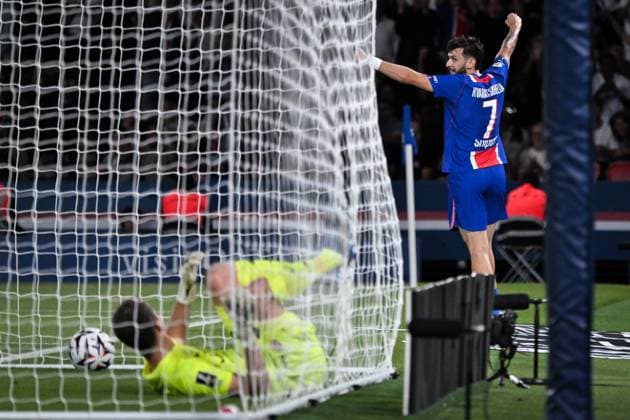 Ligue 1 PSG vs AS Monaco PARIS, FRANCE - SEPTEMBER 4, 2026: Paris Saint-Germain™s forward Khvicha Kvaratskhelia celebrates scoring a goal during the French L1 football match between Paris Saint-Germain and AS Monaco at the Parc des Princes stadium in Paris on September 4, 2026. Paris ÃŽle-de-France France Copyright: x xFirasxAbdullahx xJNAxPressx