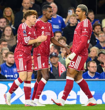 04 September 2026 - Ipswich Town v Liverpool - Premier League - Portman Road - Ipswich. Ipswich Town v Liverpool - Premier League - Portman Road - Ipswich. Alexander Isak celebrates scoring his first goal with Araujo and Villanueva. Picture : Mark Pain Ipswich England  Copyright: xMarkxPainx
