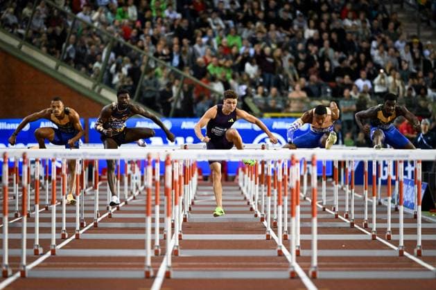 United States s Trey Cunningham (C) pictured in action during the 110m hurdles men at the 50th edition of the Memorial Van Damme Diamond League athletics event in Brussels, Friday 4 September 2026. ELIASxROM  x185285296x