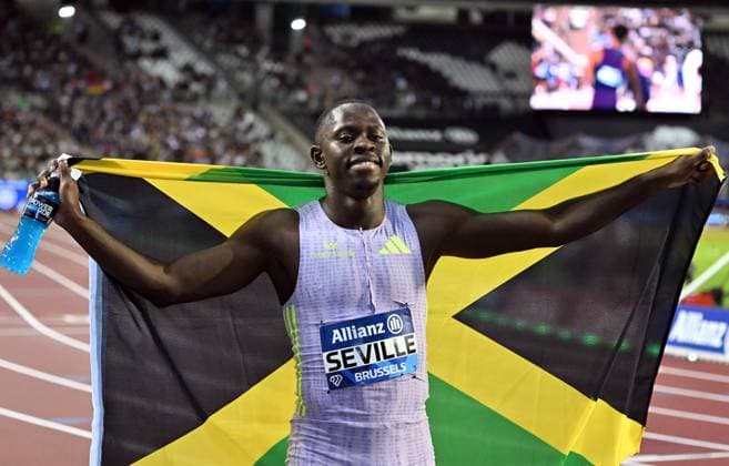 50th Memorial Van Damme Diamond League BRUSSELS, BELGIUM - SEPTEMBER 04: Jamaican sprinter Oblique Seville celebrates after winning the men s 100-meter during the 50th Memorial Van Damme athletics event at the King Baudouin Stadium in Brussels, Belgium, on September 04, 2026. Dursun Aydemir Anadolu Brussels Belgium. Editorial use only. Please get in touch for any other usage.  Copyright: x2026xAnadoluxDursunxAydemirx