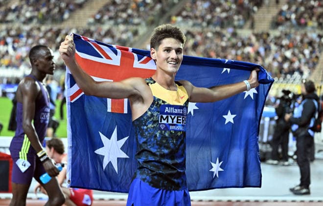 50th Memorial Van Damme Diamond League BRUSSELS, BELGIUM - SEPTEMBER 04: Australian runner Cameron Myers celebrates after winning the men s 1500-meter during the 50th Memorial Van Damme athletics event at the King Baudouin Stadium in Brussels, Belgium, on September 04, 2026. Dursun Aydemir Anadolu Brussels Belgium. Editorial use only. Please get in touch for any other usage.  Copyright: x2026xAnadoluxDursunxAydemirx