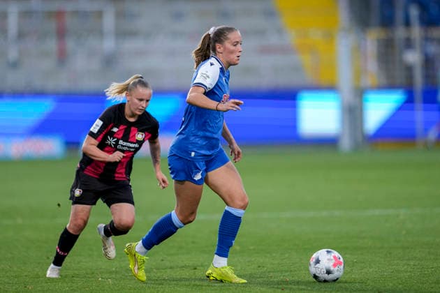 v.li.: Vanessa Fudalla (B04, 21), Lisann Kaut (TSG, 4), Aktion, Action, Spielszene, 04.09.2026, Sinsheim (Hoffenheim) (Deutschland), Fussball, Google Pixel Frauen-Bundesliga, TSG 1899 Hoffenheim - Bayer 04 Leverkusen, DFB DFL REGULATIONS PROHIBIT ANY USE OF PHOTOGRAPHS AS IMAGE SEQUENCES AND OR QUASI-VIDEO. *** From left: Vanessa Fudalla (B04), 21; Lisann Kaut (TSG), 4; Action; Game scene; September 4, 2026; Sinsheim, Hoffenheim, Germany, soccer, Google Pixel Women’s Bundesliga, TSG 1899 Hoffenheim vs. Bayer 04 Leverkusen, DFB and DFL regulations prohibit any use of photographs as image sequences and or quasi-video xozx
