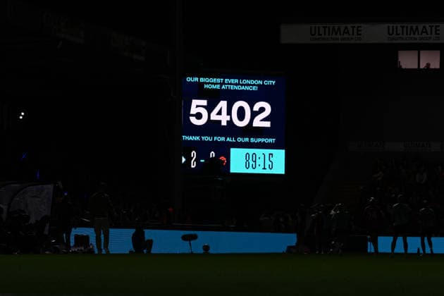 BROMLEY, ENGLAND - SEPTEMBER 04: A general view of the scoreboard at the stadium confirming a club-record home attendance during the Barclays Women s Super League match between London City Lionesses and Manchester United, ManU Women at Copperjax Community Stadium on September 04, 2026 in Bromley, England. Copyright: xYaroslavxDunkax xSPPx Sportspressphoto_SPR223211