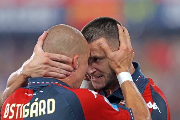 MILUTIN OSMAJIC, LEO OSTIGARD oSTIGARD, Genoa, Serie A, 2026-27, Genoa vs Como 1-4, 04-09-2026, Esultanza, Celebration, Jubel SERIE A 2026-27 GENOA-COMO 1-4