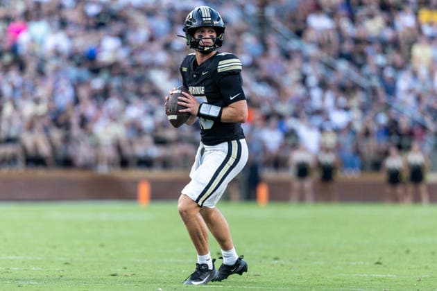 Sep 04, 2026; West Lafayette, Indiana, USA; Purdue quarterback Ryan Browne (15) sets in the pocket during NCAA, College League, USA football game action between the Indiana State Sycamores and the Purdue Boilermakers at Ross-Ade Stadium in West Lafayette, Indiana. Mandatory Credit: -Cal Media West Lafayette United States of America - ZUMAc04_ 20260904_zma_c04_013 Copyright: xJohnxMersitsx