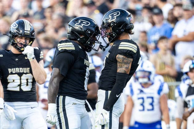 Sep 04, 2026; West Lafayette, Indiana, USA; Purdue linebacker Jojo Hayden (0) and Purdue defensive back Don Saunders (7) react during NCAA, College League, USA football game action between the Indiana State Sycamores and the Purdue Boilermakers at Ross-Ade Stadium in West Lafayette, Indiana. Mandatory Credit: -Cal Media West Lafayette United States of America - ZUMAc04_ 20260904_zma_c04_014 Copyright: xJohnxMersitsx