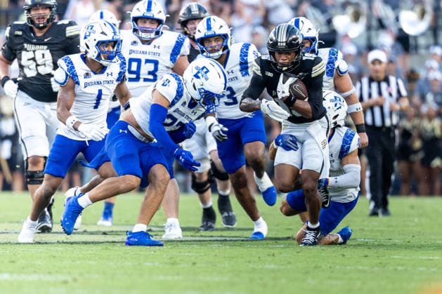 Sep 04, 2026; West Lafayette, Indiana, USA; Purdue wide receiver Asaad Waseem (19) runs with the ball after the catch during NCAA, College League, USA football game action between the Indiana State Sycamores and the Purdue Boilermakers at Ross-Ade Stadium in West Lafayette, Indiana. Mandatory Credit: -Cal Media West Lafayette United States of America - ZUMAc04_ 20260904_zma_c04_019 Copyright: xJohnxMersitsx