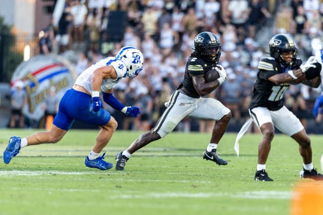 Sep 04, 2026; West Lafayette, Indiana, USA; Purdue running back Fame Ijeboi (2) runs with the ball during NCAA, College League, USA football game action between the Indiana State Sycamores and the Purdue Boilermakers at Ross-Ade Stadium in West Lafayette, Indiana. Mandatory Credit: -Cal Media West Lafayette United States of America - ZUMAc04_ 20260904_zma_c04_028 Copyright: xJohnxMersitsx
