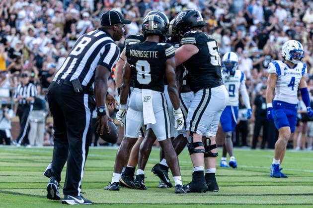 Sep 04, 2026; West Lafayette, Indiana, USA; Purdue wide receiver Chauncey Magwood (5) celebrates touchdown with his teammates during NCAA, College League, USA football game action between the Indiana State Sycamores and the Purdue Boilermakers at Ross-Ade Stadium in West Lafayette, Indiana. Mandatory Credit: -Cal Media NCAA Football 2026: Indiana State Vs Purdue SEP 04  - ZUMAc04_ 20260904_zma_c04_022 Copyright: xJohnxMersitsx
