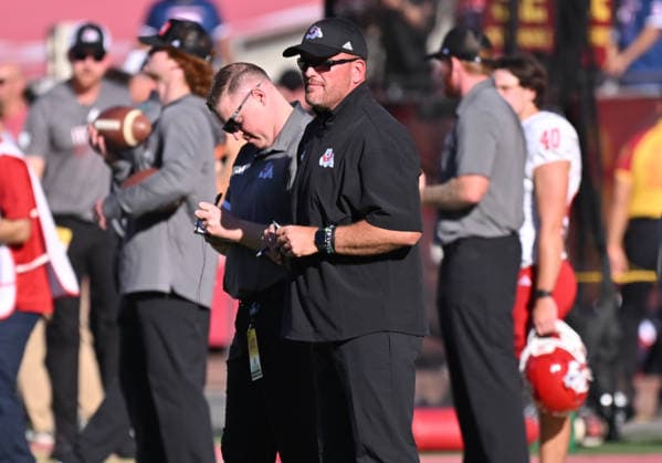 LOS ANGELES, CA - SEPTEMBER 04: Fresno State Bulldogs head coach Matt Entz on the sidelines prior to the game between the USC Trojans and the Fresno State Bulldogs on September 04, 2026 at Los Angeles Memorial Coliseum in Los Angeles. (Photo by David Dennis Icon Sportswire) COLLEGE FOOTBALL: SEP 04 Fresno State at USC EDITORIAL USE ONLY Icon26090401