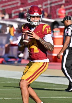 LOS ANGELES, CA - SEPTEMBER 04: Southern California Trojans quarterback Jayden Maiava (14) warms up prior to the game between the USC Trojans and the Fresno State Bulldogs on September 04, 2026 at Los Angeles Memorial Coliseum in Los Angeles. (Photo by David Dennis Icon Sportswire) COLLEGE FOOTBALL: SEP 04 Fresno State at USC EDITORIAL USE ONLY Icon26090402