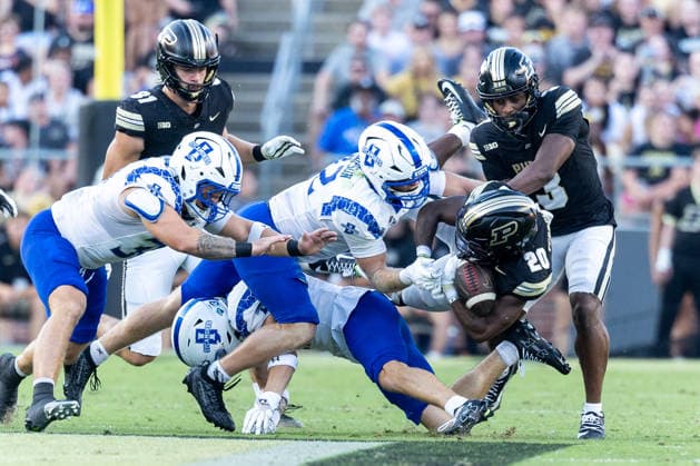 Sep 04, 2026; West Lafayette, Indiana, USA; Purdue running back Travis Terrell Jr. (20) runs with the ball during NCAA, College League, USA football game action between the Indiana State Sycamores and the Purdue Boilermakers at Ross-Ade Stadium in West Lafayette, Indiana. Mandatory Credit: -Cal Media West Lafayette United States of America - ZUMAc04_ 20260904_zma_c04_030 Copyright: xJohnxMersitsx