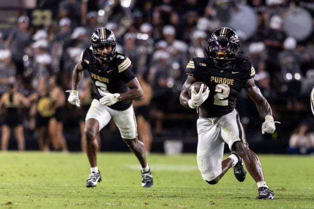 Sep 04, 2026; West Lafayette, Indiana, USA; Purdue running back Fame Ijeboi (2) runs with the ball during NCAA, College League, USA football game action between the Indiana State Sycamores and the Purdue Boilermakers at Ross-Ade Stadium in West Lafayette, Indiana. Mandatory Credit: -Cal Media West Lafayette United States of America - ZUMAc04_ 20260904_zma_c04_035 Copyright: xJohnxMersitsx