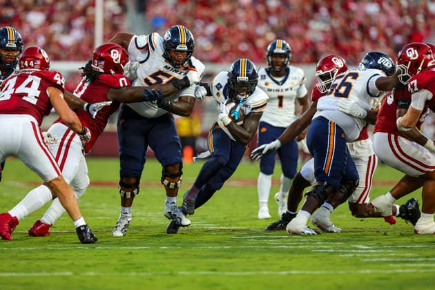 NORMAN, OK - SEPTEMBER 04: UTEP Miner running back Tavorus Jones (0) runs with the ball during the college football game between the Oklahoma Sooners and the UTEP Miners on September 04, 2026 at Gaylord Family Oklahoma Memorial Stadium in Norman, OK. (Photo by Chad Hamilton Icon Sportswire) COLLEGE FOOTBALL: SEP 04 UTEP at Oklahoma EDITORIAL USE ONLY Icon260903065