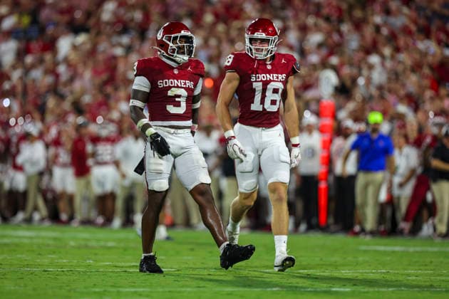 NORMAN, OK - SEPTEMBER 04: Oklahoma Sooner linebackers Reggie Powers III (3) and Cole Sullivan (18) celebrate a tackle during the college football game between the Oklahoma Sooners and the UTEP Miners on September 04, 2026 at Gaylord Family Oklahoma Memorial Stadium in Norman, OK. (Photo by Chad Hamilton Icon Sportswire) COLLEGE FOOTBALL: SEP 04 UTEP at Oklahoma EDITORIAL USE ONLY Icon260903114