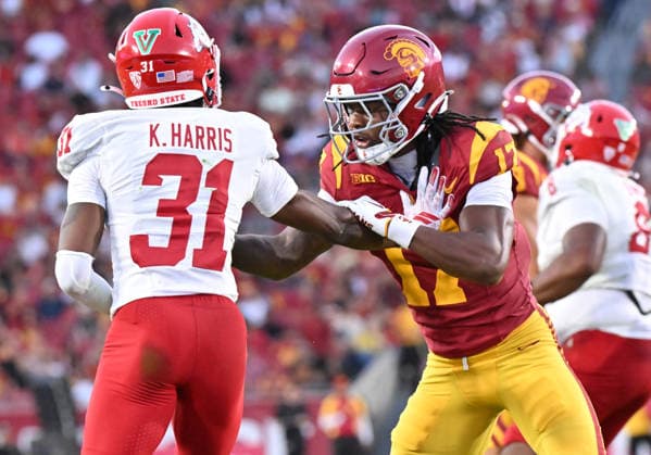 LOS ANGELES, CA - SEPTEMBER 04: Southern California Trojans wide receiver Kayden Dixon-Wyatt (17) blocks Fresno State Bulldogs defensive back Kiontre Harris (31) during the game between the USC Trojans and the Fresno State Bulldogs on September 04, 2026 at Los Angeles Memorial Coliseum in Los Angeles. (Photo by David Dennis Icon Sportswire) COLLEGE FOOTBALL: SEP 04 Fresno State at USC EDITORIAL USE ONLY Icon26090414
