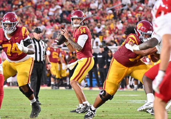 LOS ANGELES, CA - SEPTEMBER 04: Southern California Trojans quarterback Jayden Maiava (14) drops back in the pocket to pass the ball during the game between the USC Trojans and the Fresno State Bulldogs on September 04, 2026 at Los Angeles Memorial Coliseum in Los Angeles. (Photo by David Dennis Icon Sportswire) COLLEGE FOOTBALL: SEP 04 Fresno State at USC EDITORIAL USE ONLY Icon26090421