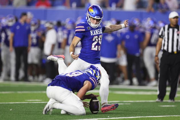 LAWRENCE, KS - SEPTEMBER 04: Martin Connington 29 of the Kansas Jayhawks kicks an extra point in the third quarter of a college football game between the Long Island Sharks and Kansas Jayhawks on Sep 4, 2026 at David Booth Memorial Stadium in Lawrence, KS. (Photo by Scott Winters Icon Sportswire) COLLEGE FOOTBALL: SEP 04 LIU at Kansas EDITORIAL USE ONLY Icon2609040591