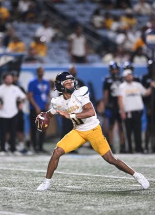 ATLANTA, GA - September 04: North Carolina A&T Aggies QB Kevin White Jr. winds up for a deep throw during game between the North Carolina A&T Aggies and the Georgia State Panthers on September 4, 2026 at Center Parc Credit Union Stadium in Atlanta, GA. (Photo by John Rivera Icon Sportswire) COLLEGE FOOTBALL: SEP 04 NC A&T at Georgia State EDITORIAL USE ONLY Icon426260904002
