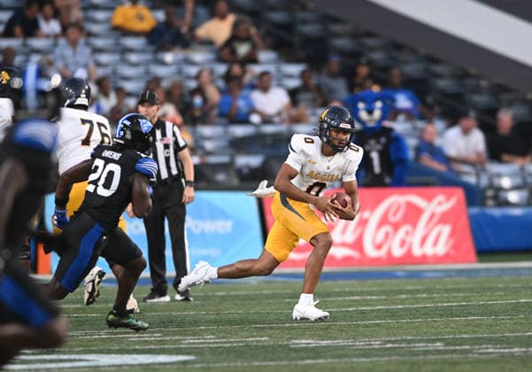 ATLANTA, GA - September 04: North Carolina A&T Aggies QB Kevin White Jr. (0) runs for yardage during game between the North Carolina A&T Aggies and the Georgia State Panthers on September 4, 2026 at Center Parc Credit Union Stadium in Atlanta, GA. (Photo by John Rivera Icon Sportswire) COLLEGE FOOTBALL: SEP 04 NC A&T at Georgia State EDITORIAL USE ONLY Icon426260904007