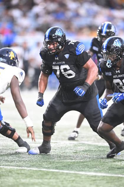 ATLANTA, GA - September 04: Georgia State Panthers lineman Jordan Brown (76) drops back to block during game between the North Carolina A&T Aggies and the Georgia State Panthers on September 4, 2026 at Center Parc Credit Union Stadium in Atlanta, GA. (Photo by John Rivera Icon Sportswire) COLLEGE FOOTBALL: SEP 04 NC A&T at Georgia State EDITORIAL USE ONLY Icon426260904012