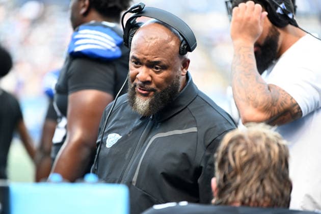 ATLANTA, GA - September 04: Georgia State Panthers head coach Dell McGee chats with players during game between the North Carolina A&T Aggies and the Georgia State Panthers on September 4, 2026 at Center Parc Credit Union Stadium in Atlanta, GA. (Photo by John Rivera Icon Sportswire) COLLEGE FOOTBALL: SEP 04 NC A&T at Georgia State EDITORIAL USE ONLY Icon426260904019