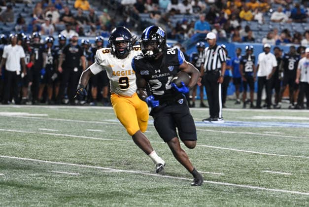 ATLANTA, GA - September 04: Georgia State Panthers RB Qwantavius Wiggins (24) is chased by North Carolina A&T Aggies LB Donovan Frederick (9) during game between the North Carolina A&T Aggies and the Georgia State Panthers on September 4, 2026 at Center Parc Credit Union Stadium in Atlanta, GA. (Photo by John Rivera Icon Sportswire) COLLEGE FOOTBALL: SEP 04 NC A&T at Georgia State EDITORIAL USE ONLY Icon426260904021